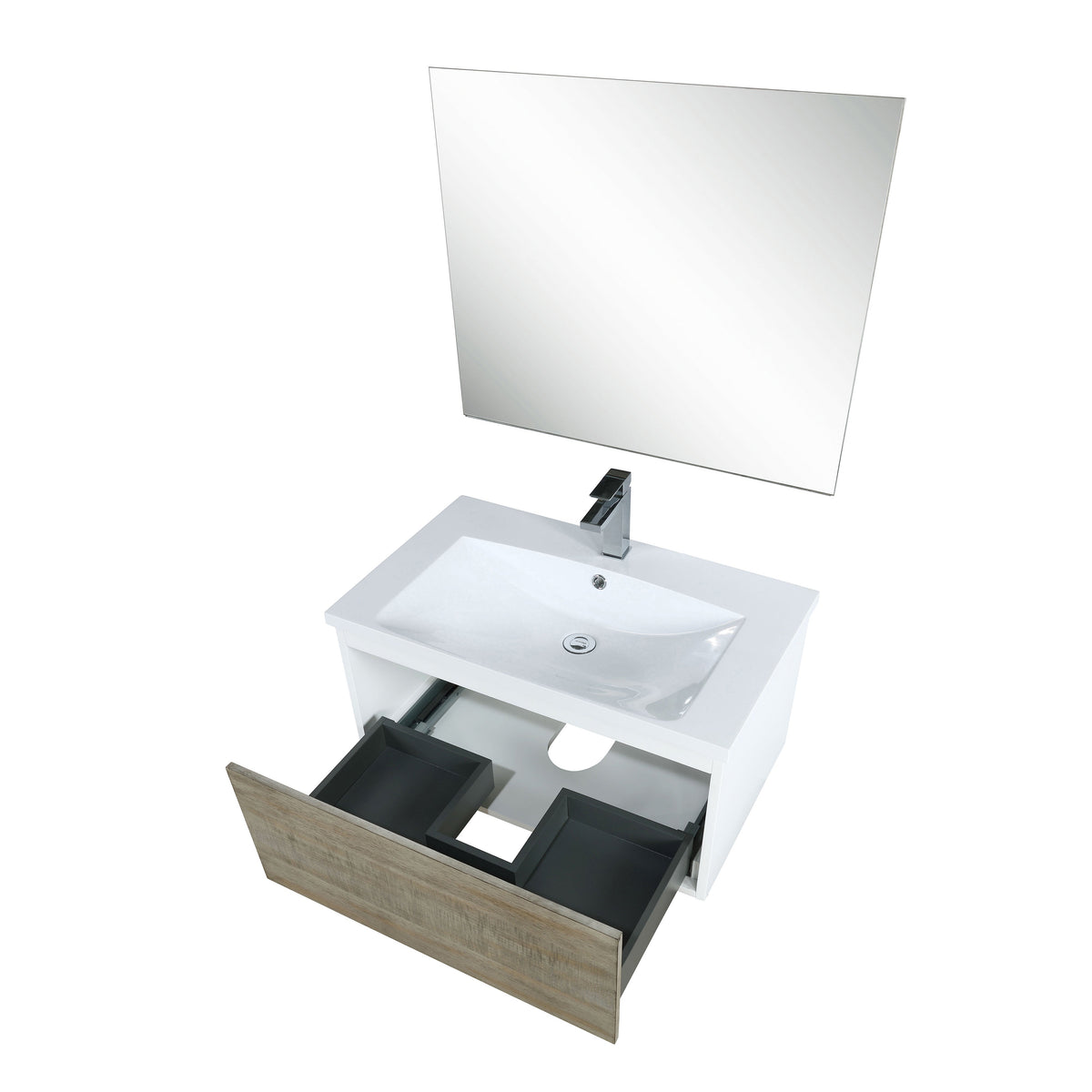 Lexora Scopi 30" Rustic Acacia Bathroom Vanity, Acrylic Composite Top with Integrated Sink, Labaro Brushed Nickel Faucet Set, and 28" Frameless Mirror LSC30SRAOSM28FBN - MyBBQDirect