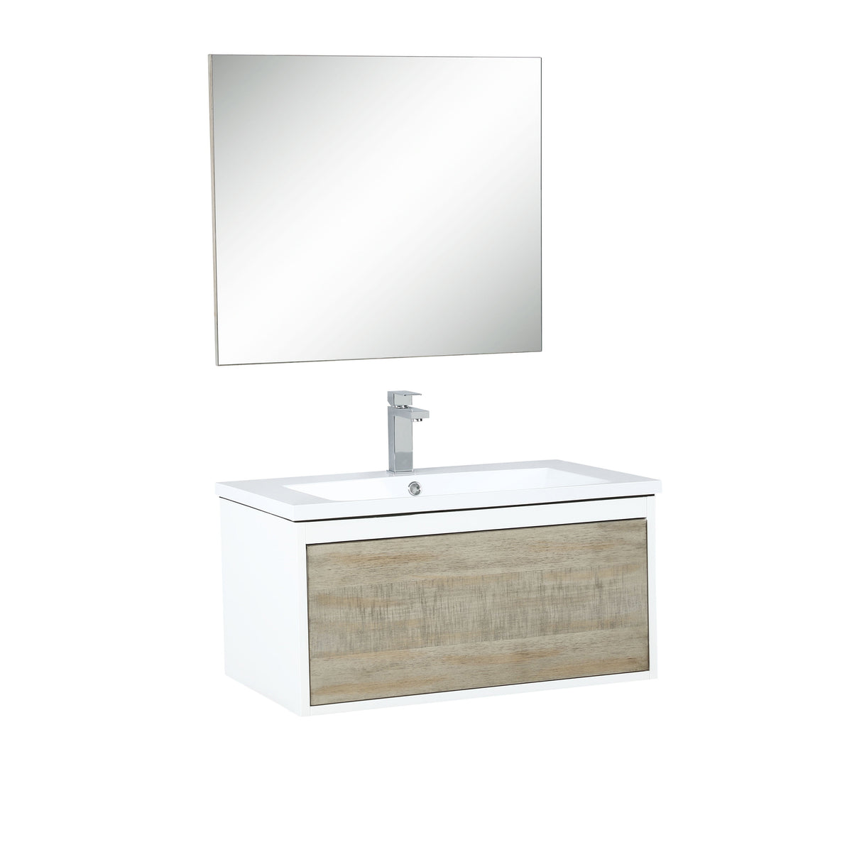 Lexora Scopi 30" Rustic Acacia Bathroom Vanity, Acrylic Composite Top with Integrated Sink, Labaro Brushed Nickel Faucet Set, and 28" Frameless Mirror LSC30SRAOSM28FBN - MyBBQDirect