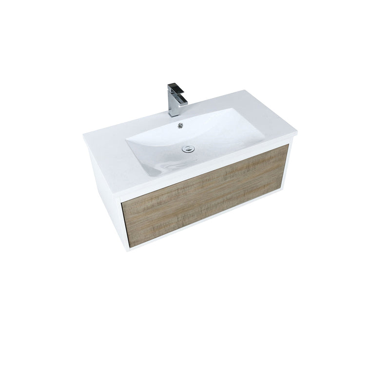 Lexora Scopi 36" Rustic Acacia Bathroom Vanity, Acrylic Composite Top with Integrated Sink, and Balzani Gun Metal Faucet Set LSC36SRAOS000FGM