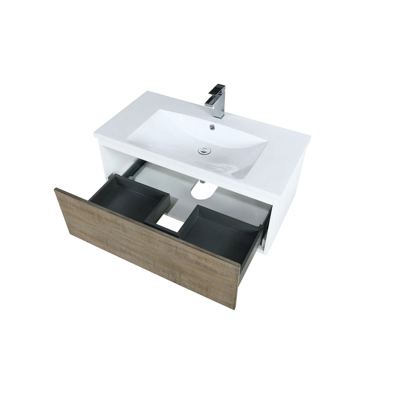 Lexora Scopi 36" Rustic Acacia Bathroom Vanity, Acrylic Composite Top with Integrated Sink, and Labaro Rose Gold Faucet Set LSC36SRAOS000FRG