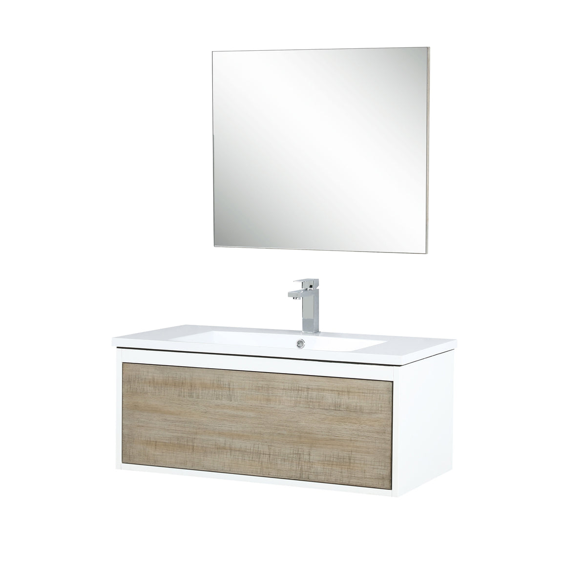 Lexora Scopi 36" Rustic Acacia Bathroom Vanity, Acrylic Composite Top with Integrated Sink, Labaro Brushed Nickel Faucet Set, and 28" Frameless Mirror LSC36SRAOSM28FBN - MyBBQDirect