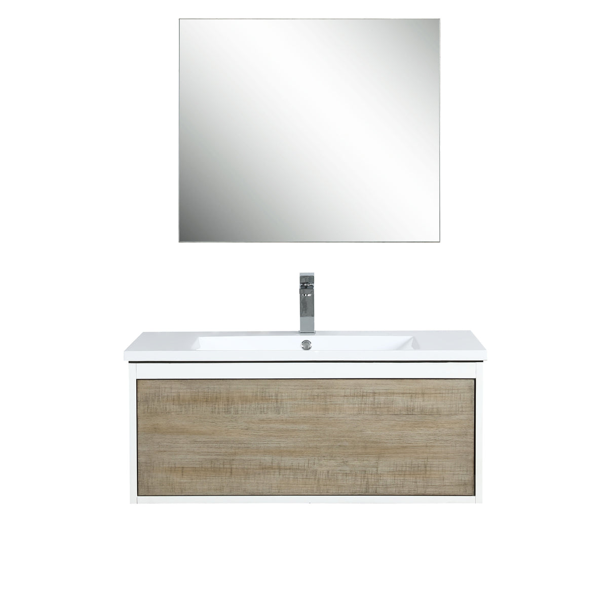 Lexora Scopi 36" Rustic Acacia Bathroom Vanity, Acrylic Composite Top with Integrated Sink, Labaro Brushed Nickel Faucet Set, and 28" Frameless Mirror LSC36SRAOSM28FBN - MyBBQDirect