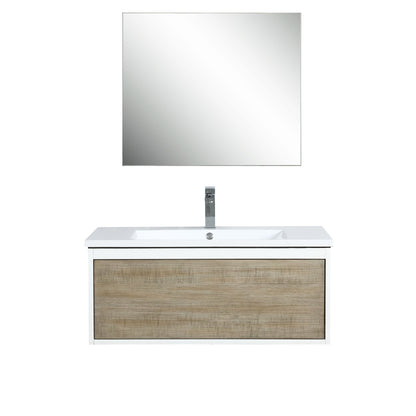 Lexora Scopi 36" Rustic Acacia Bathroom Vanity, Acrylic Composite Top with Integrated Sink, Labaro Brushed Nickel Faucet Set, and 28" Frameless Mirror LSC36SRAOSM28FBN - MyBBQDirect