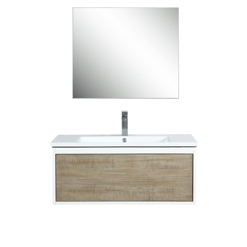 Lexora Scopi 36" Rustic Acacia Bathroom Vanity, Acrylic Composite Top with Integrated Sink, Labaro Brushed Nickel Faucet Set, and 28" Frameless Mirror LSC36SRAOSM28FBN