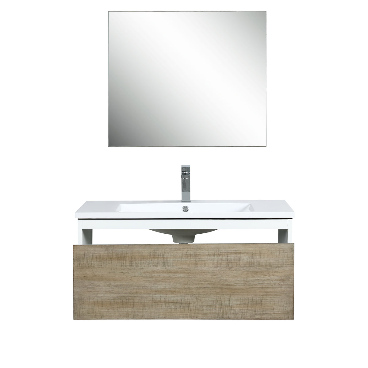 Lexora Scopi 36" Rustic Acacia Bathroom Vanity, Acrylic Composite Top with Integrated Sink, Labaro Brushed Nickel Faucet Set, and 28" Frameless Mirror LSC36SRAOSM28FBN - MyBBQDirect