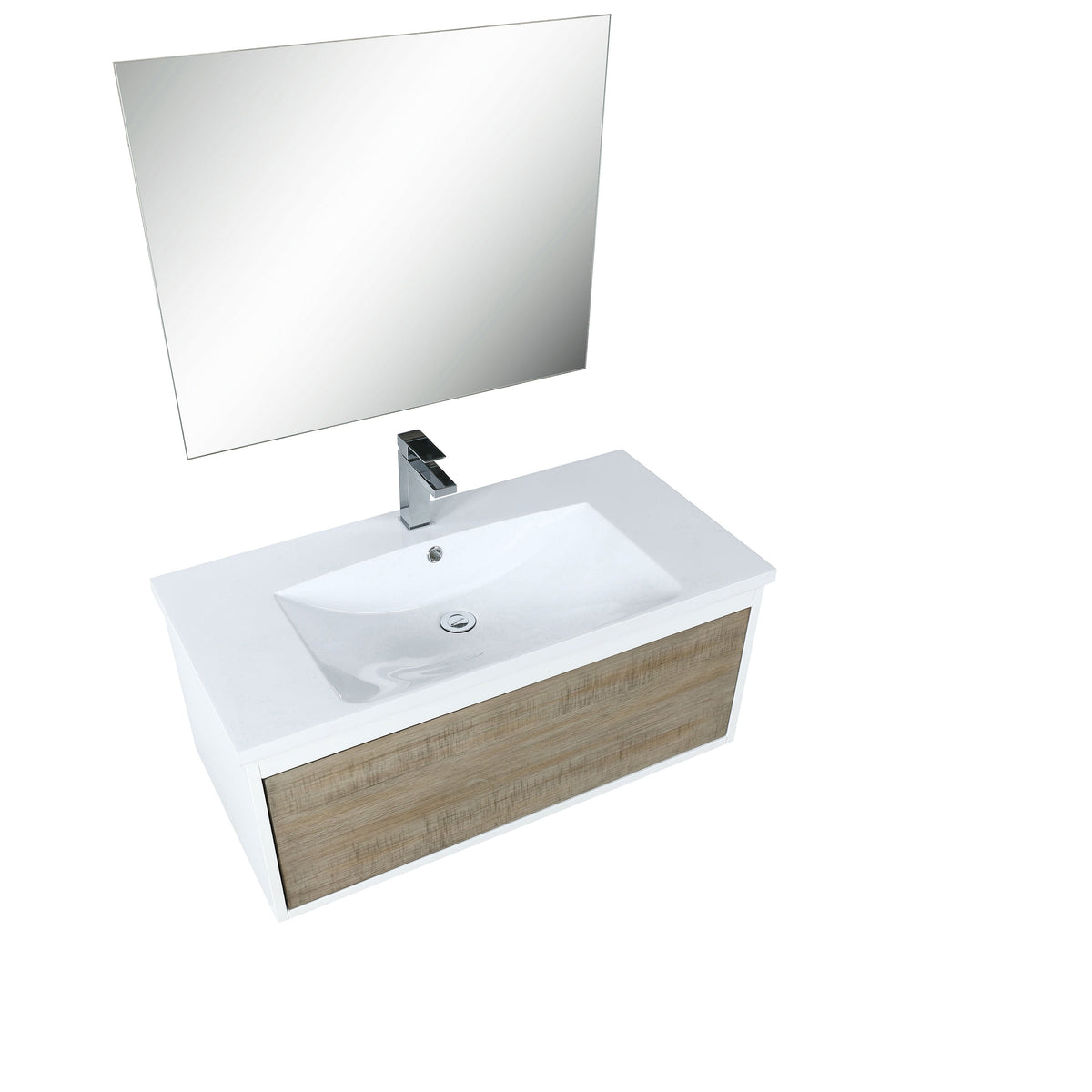 Lexora Scopi 36" Rustic Acacia Bathroom Vanity, Acrylic Composite Top with Integrated Sink, Labaro Brushed Nickel Faucet Set, and 28" Frameless Mirror LSC36SRAOSM28FBN - MyBBQDirect