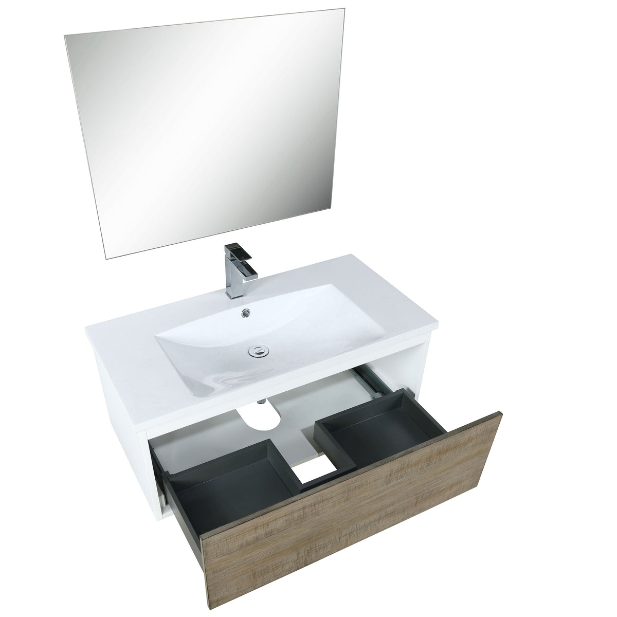 Lexora Scopi 36" Rustic Acacia Bathroom Vanity, Acrylic Composite Top with Integrated Sink, Labaro Brushed Nickel Faucet Set, and 28" Frameless Mirror LSC36SRAOSM28FBN - MyBBQDirect