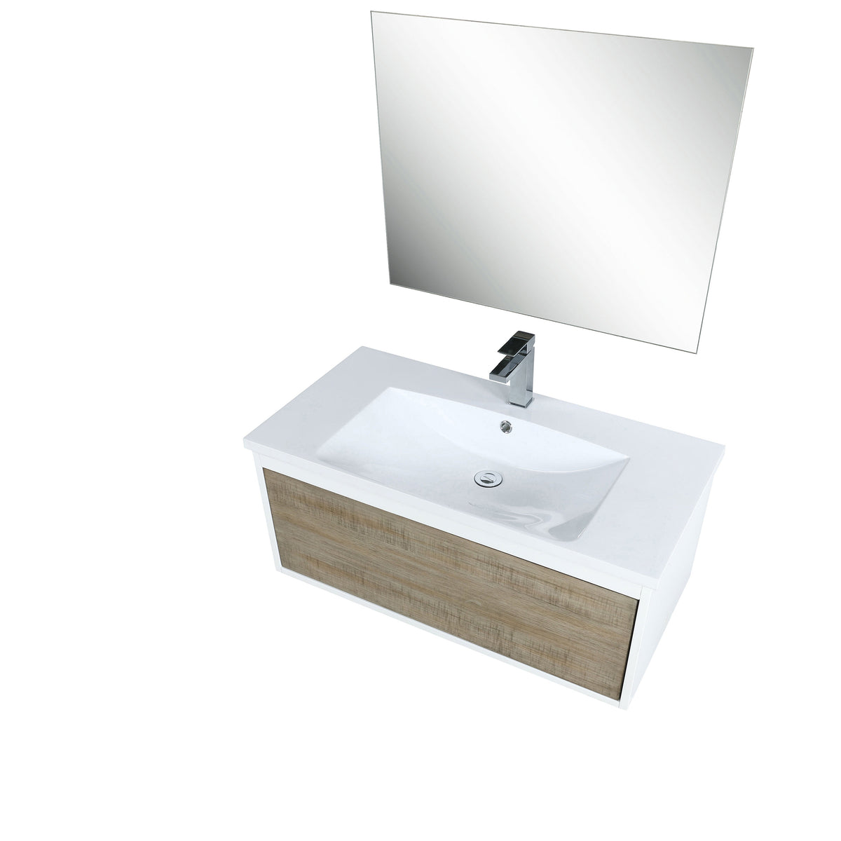 Lexora Scopi 36" Rustic Acacia Bathroom Vanity, Acrylic Composite Top with Integrated Sink, Labaro Brushed Nickel Faucet Set, and 28" Frameless Mirror LSC36SRAOSM28FBN - MyBBQDirect