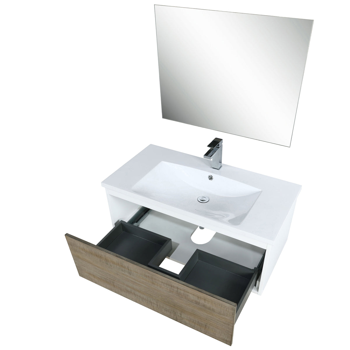 Lexora Scopi 36" Rustic Acacia Bathroom Vanity, Acrylic Composite Top with Integrated Sink, Labaro Brushed Nickel Faucet Set, and 28" Frameless Mirror LSC36SRAOSM28FBN - MyBBQDirect