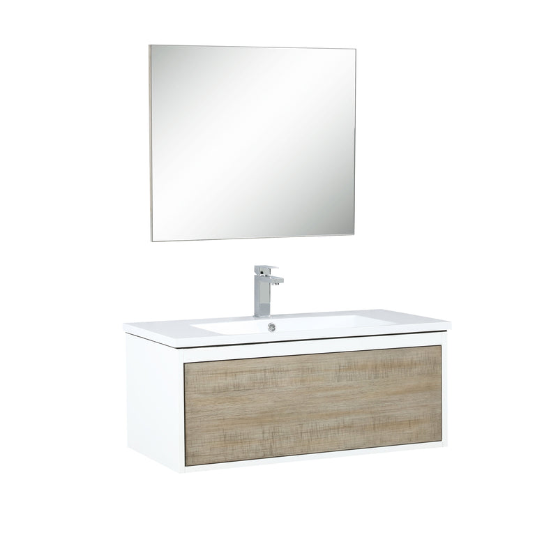 Lexora Scopi 36" Rustic Acacia Bathroom Vanity, Acrylic Composite Top with Integrated Sink, Labaro Brushed Nickel Faucet Set, and 28" Frameless Mirror LSC36SRAOSM28FBN