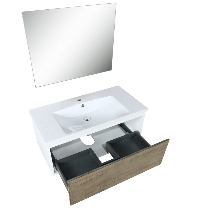 Lexora Scopi 36" Rustic Acacia Bathroom Vanity, Acrylic Composite Top with Integrated Sink, and 28" Frameless Mirror LSC36SRAOSM28