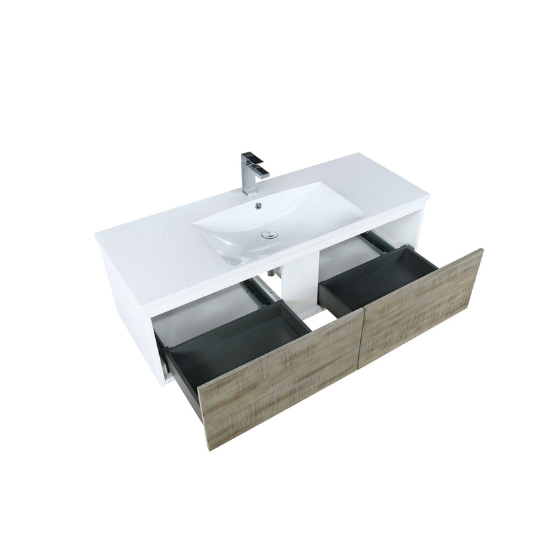 Lexora Scopi 48" Rustic Acacia Bathroom Vanity, Acrylic Composite Top with Integrated Sink, and Labaro Brushed Nickel Faucet Set LSC48SRAOS000FBN