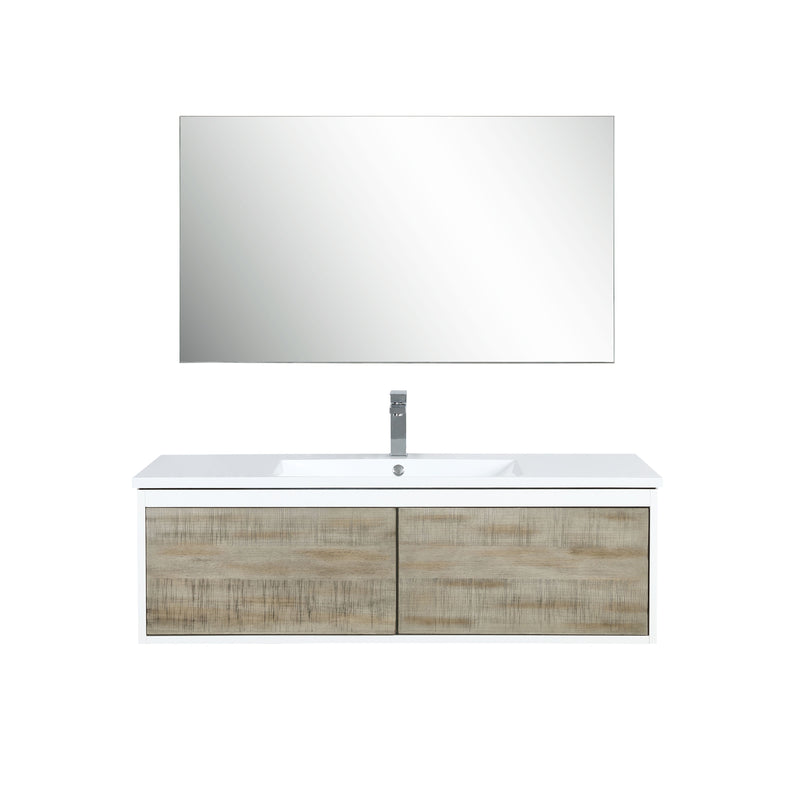 Lexora Scopi 48" Rustic Acacia Bathroom Vanity, Acrylic Composite Top with Integrated Sink, Labaro Rose Gold Faucet Set, and 43" Frameless Mirror LSC48SRAOSM43FRG