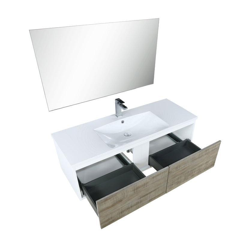 Lexora Scopi 48" Rustic Acacia Bathroom Vanity, Acrylic Composite Top with Integrated Sink, Labaro Rose Gold Faucet Set, and 43" Frameless Mirror LSC48SRAOSM43FRG