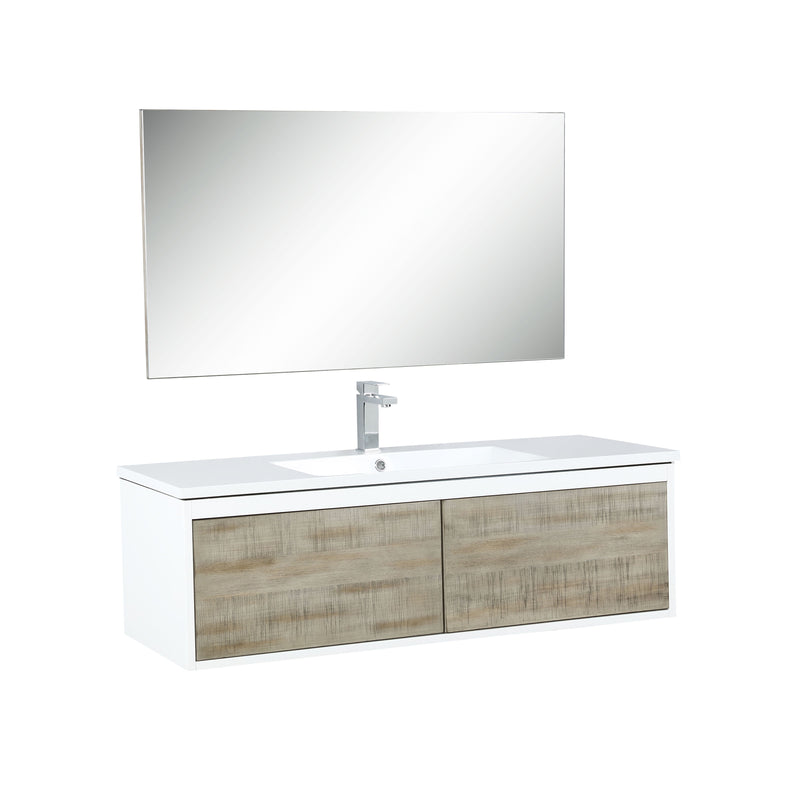 Lexora Scopi 48" Rustic Acacia Bathroom Vanity, Acrylic Composite Top with Integrated Sink, Labaro Rose Gold Faucet Set, and 43" Frameless Mirror LSC48SRAOSM43FRG