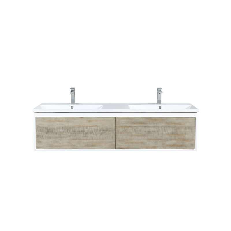 Lexora Scopi 60" Rustic Acacia Double Bathroom Vanity, Acrylic Composite Top with Integrated Sinks, and Balzani Gun Metal Faucet Set LSC60DRAOS000FGM