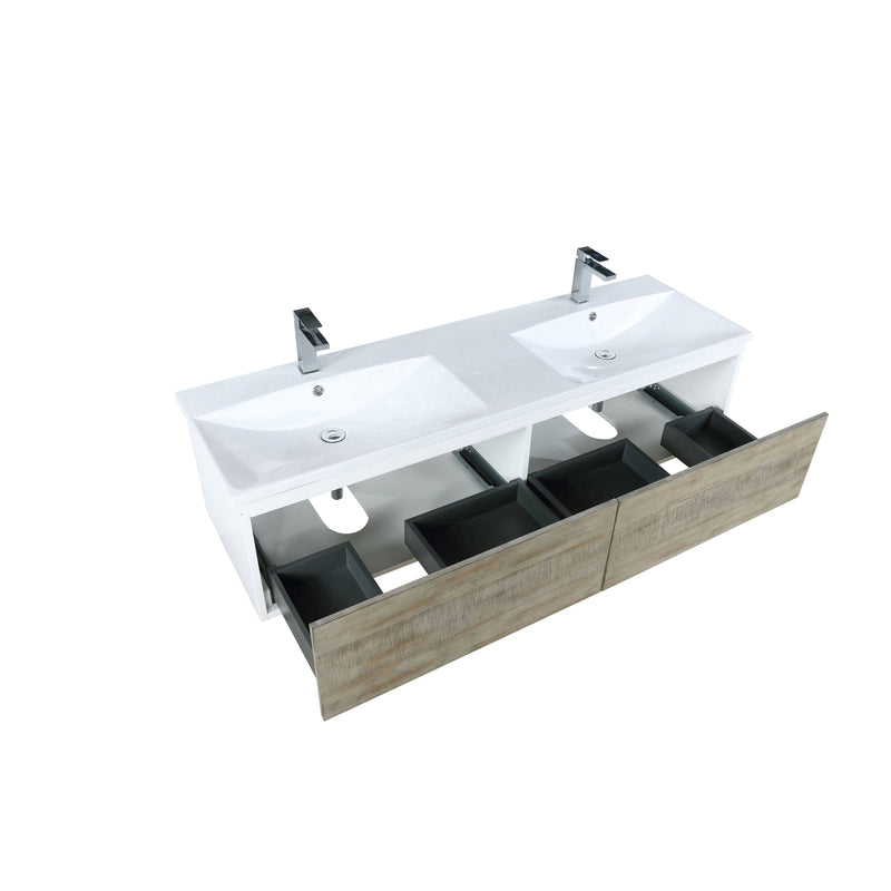 Lexora Scopi 60" Rustic Acacia Double Bathroom Vanity, Acrylic Composite Top with Integrated Sinks, and Balzani Gun Metal Faucet Set LSC60DRAOS000FGM