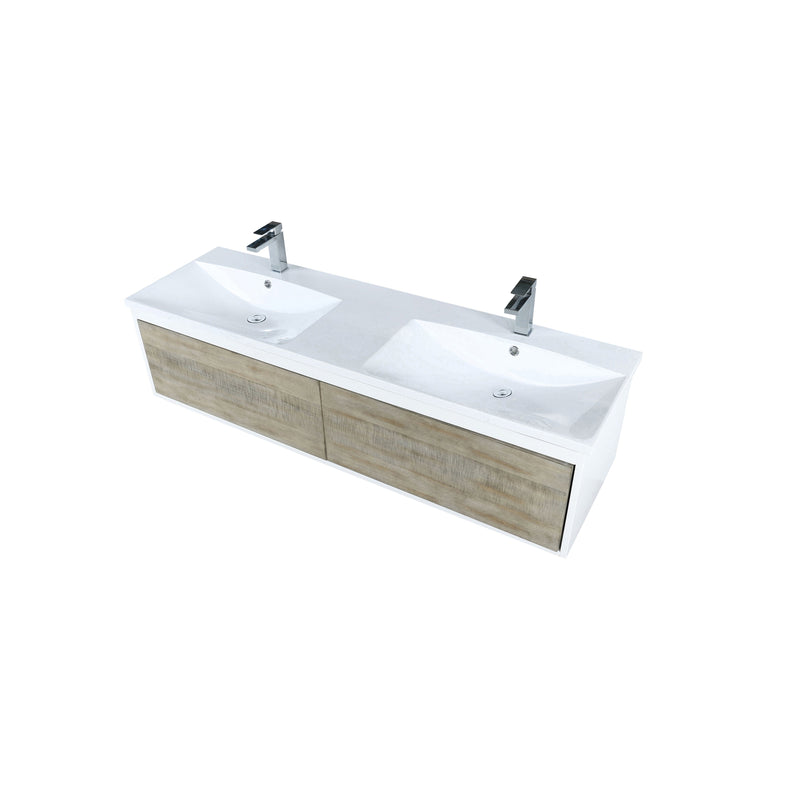 Lexora Scopi 60" Rustic Acacia Double Bathroom Vanity, Acrylic Composite Top with Integrated Sinks, and Balzani Gun Metal Faucet Set LSC60DRAOS000FGM