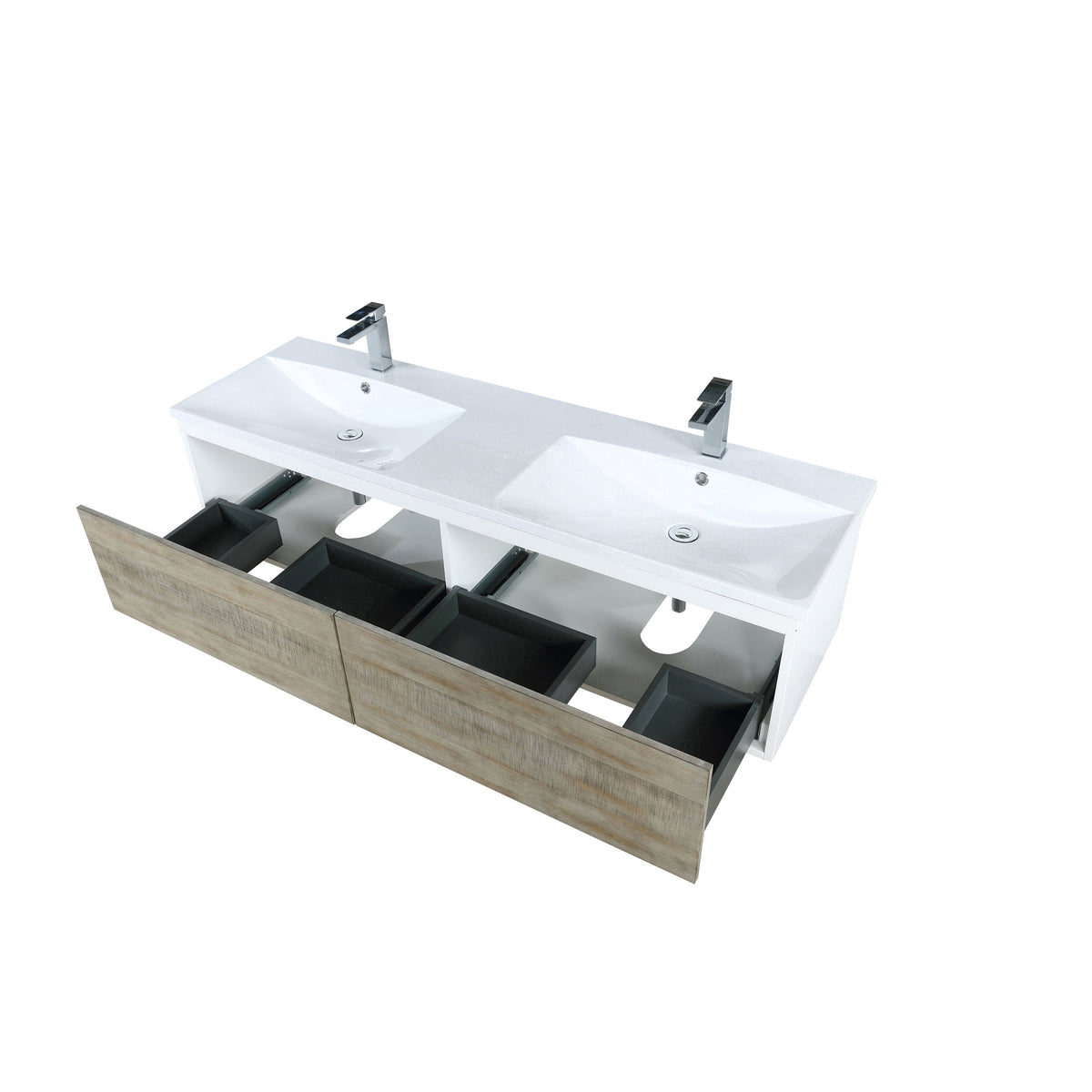 Lexora Scopi 60" Rustic Acacia Double Bathroom Vanity, Acrylic Composite Top with Integrated Sinks, and Balzani Gun Metal Faucet Set LSC60DRAOS000FGM - MyBBQDirect