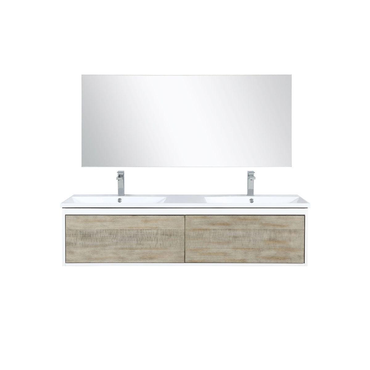 Lexora Scopi 60" Rustic Acacia Double Bathroom Vanity, Acrylic Composite Top with Integrated Sinks, Balzani Gun Metal Faucet Set, and 55" Frameless Mirror LSC60DRAOSM55FGM - MyBBQDirect