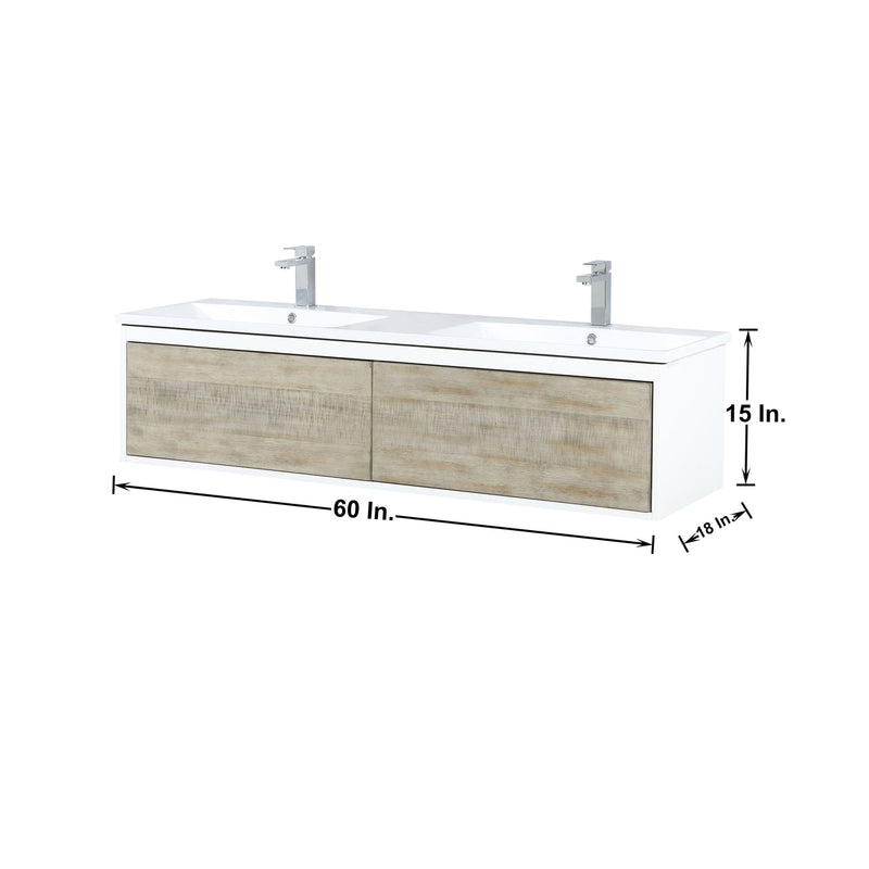 Lexora Scopi 60" Rustic Acacia Double Bathroom Vanity, Acrylic Composite Top with Integrated Sinks, Labaro Rose Gold Faucet Set, and 55" Frameless Mirror LSC60DRAOSM55FRG