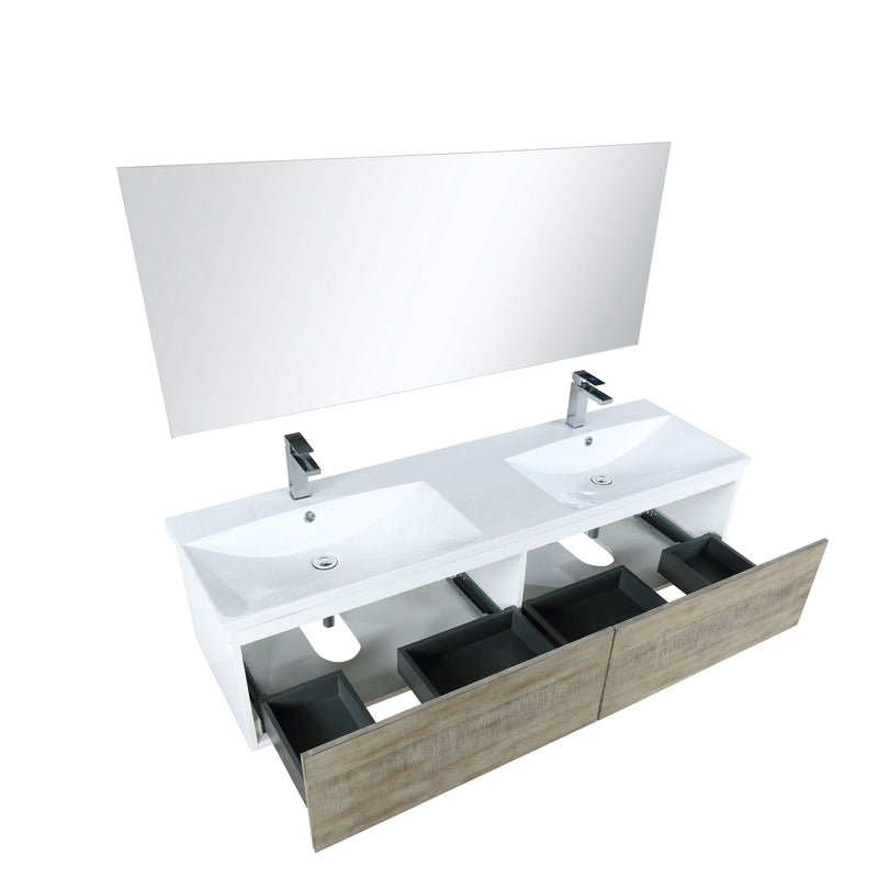 Lexora Scopi 60" Rustic Acacia Double Bathroom Vanity, Acrylic Composite Top with Integrated Sinks, Labaro Rose Gold Faucet Set, and 55" Frameless Mirror LSC60DRAOSM55FRG