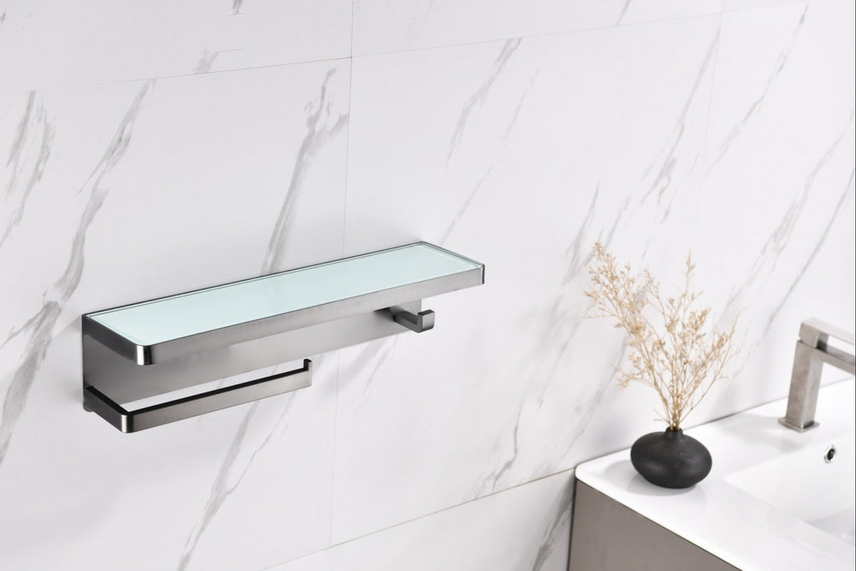 Lexora Bagno Bianca Stainless Steel White Glass Shelf w/ Towel Bar & Robe Hook - Gun Metal LSTR18152GMWG - MyBBQDirect