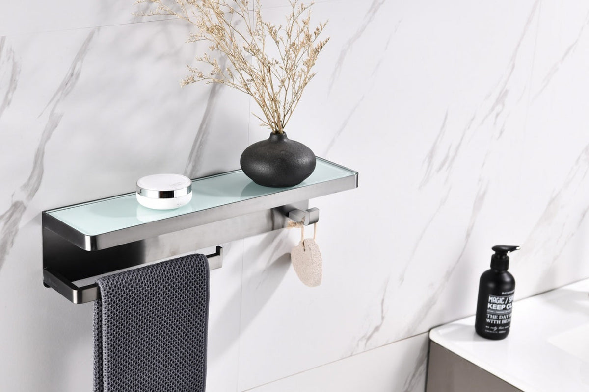 Lexora Bagno Bianca Stainless Steel White Glass Shelf w/ Towel Bar & Robe Hook - Gun Metal LSTR18152GMWG - MyBBQDirect