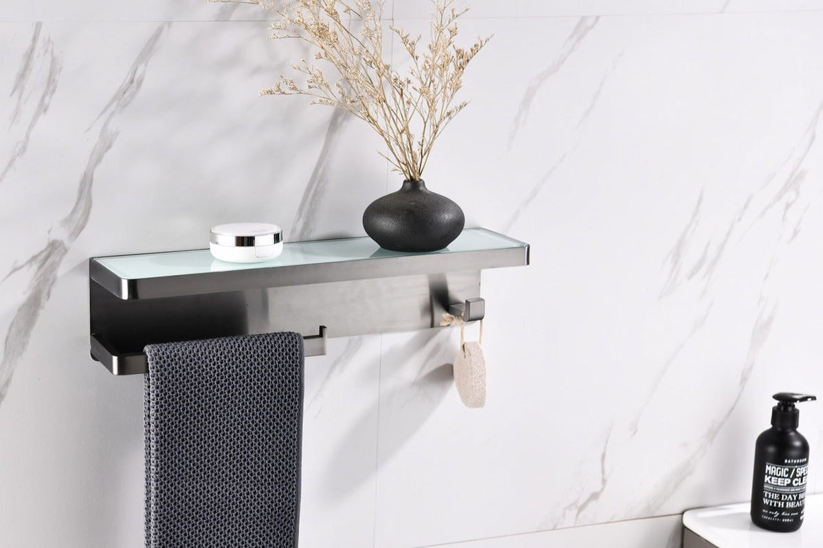 Lexora Bagno Bianca Stainless Steel White Glass Shelf w/ Towel Bar & Robe Hook - Gun Metal LSTR18152GMWG - MyBBQDirect