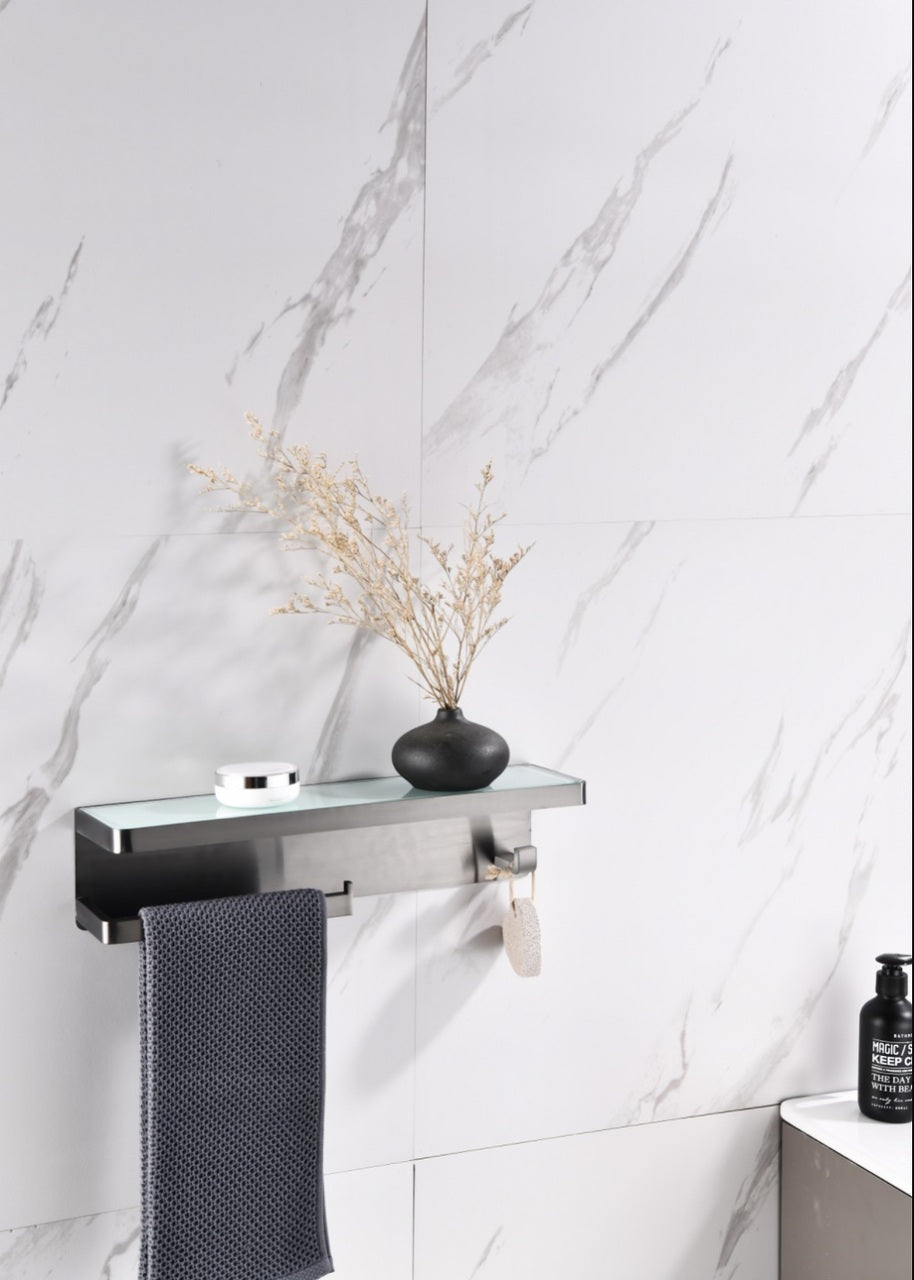 Lexora Bagno Bianca Stainless Steel White Glass Shelf w/ Towel Bar & Robe Hook - Gun Metal LSTR18152GMWG - MyBBQDirect