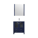 Lexora  Volez 30" Navy Blue Single Vanity, Integrated Top, White Integrated Square Sink and 28" Mirror w/ Faucet LV341830SEESM28F