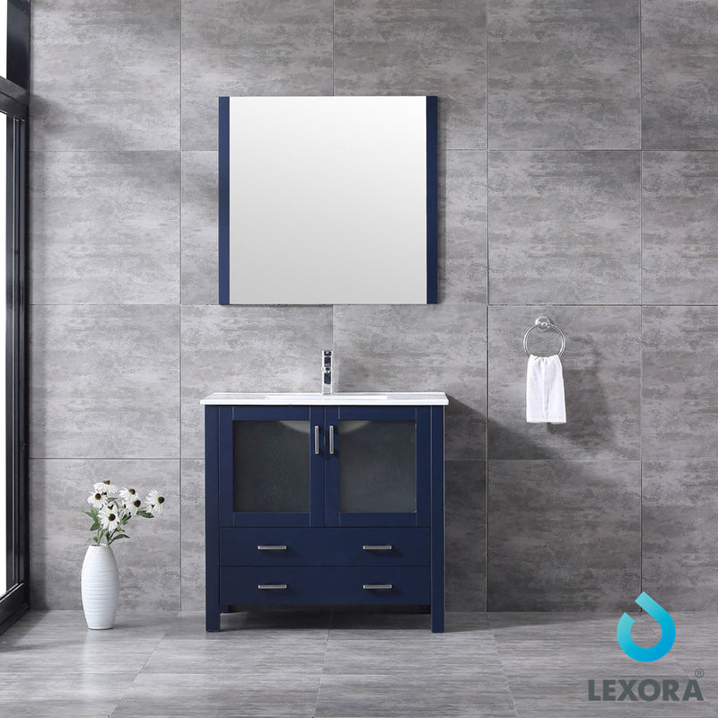 Lexora  Volez 36" Navy Blue Single Vanity, Integrated Top, White Integrated Square Sink and 34" Mirror LV341836SEESM34