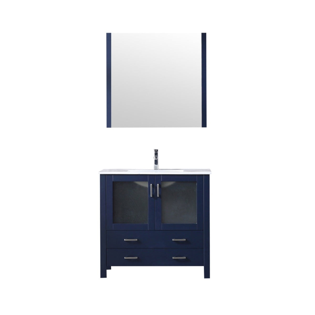 Lexora  Volez 36" Navy Blue Single Vanity, Integrated Top, White Integrated Square Sink and 34" Mirror w/ Faucet LV341836SEESM34F - MyBBQDirect