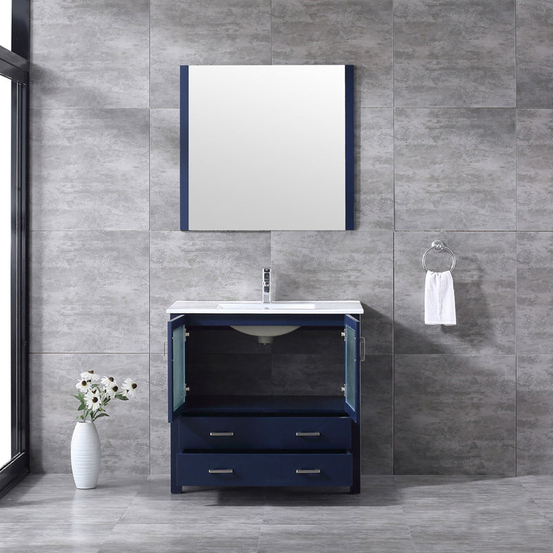 Lexora  Volez 36" Navy Blue Single Vanity, Integrated Top, White Integrated Square Sink and 34" Mirror w/ Faucet LV341836SEESM34F