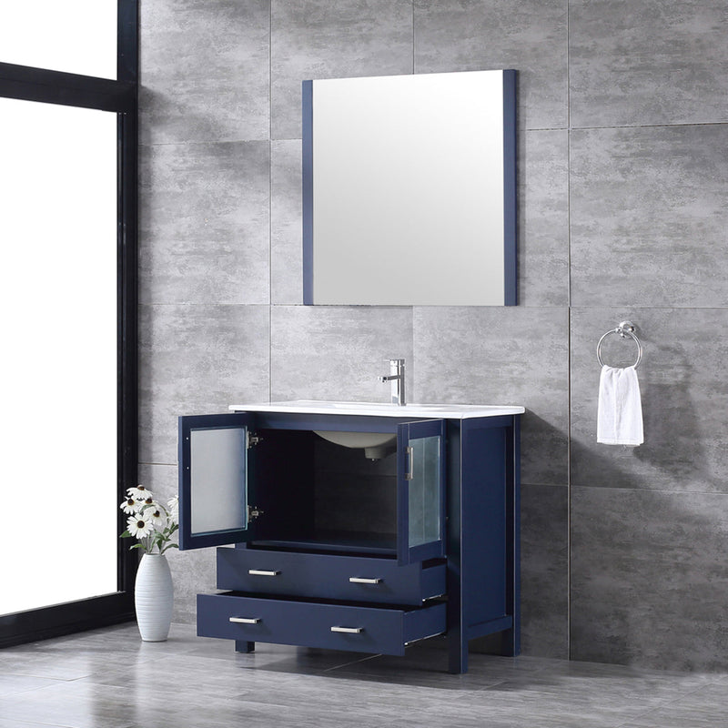 Lexora  Volez 36" Navy Blue Single Vanity, Integrated Top, White Integrated Square Sink and 34" Mirror w/ Faucet LV341836SEESM34F