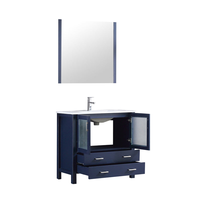 Lexora  Volez 36" Navy Blue Single Vanity, Integrated Top, White Integrated Square Sink and 34" Mirror w/ Faucet LV341836SEESM34F