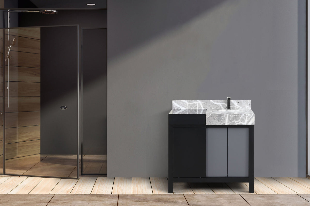Lexora Zilara 36" Black and Grey Vanity, Castle Grey Marble Top, White Square Sink, and Balzani Gun Metal Faucet Set - LZ342236SLISFBG - MyBBQDirect