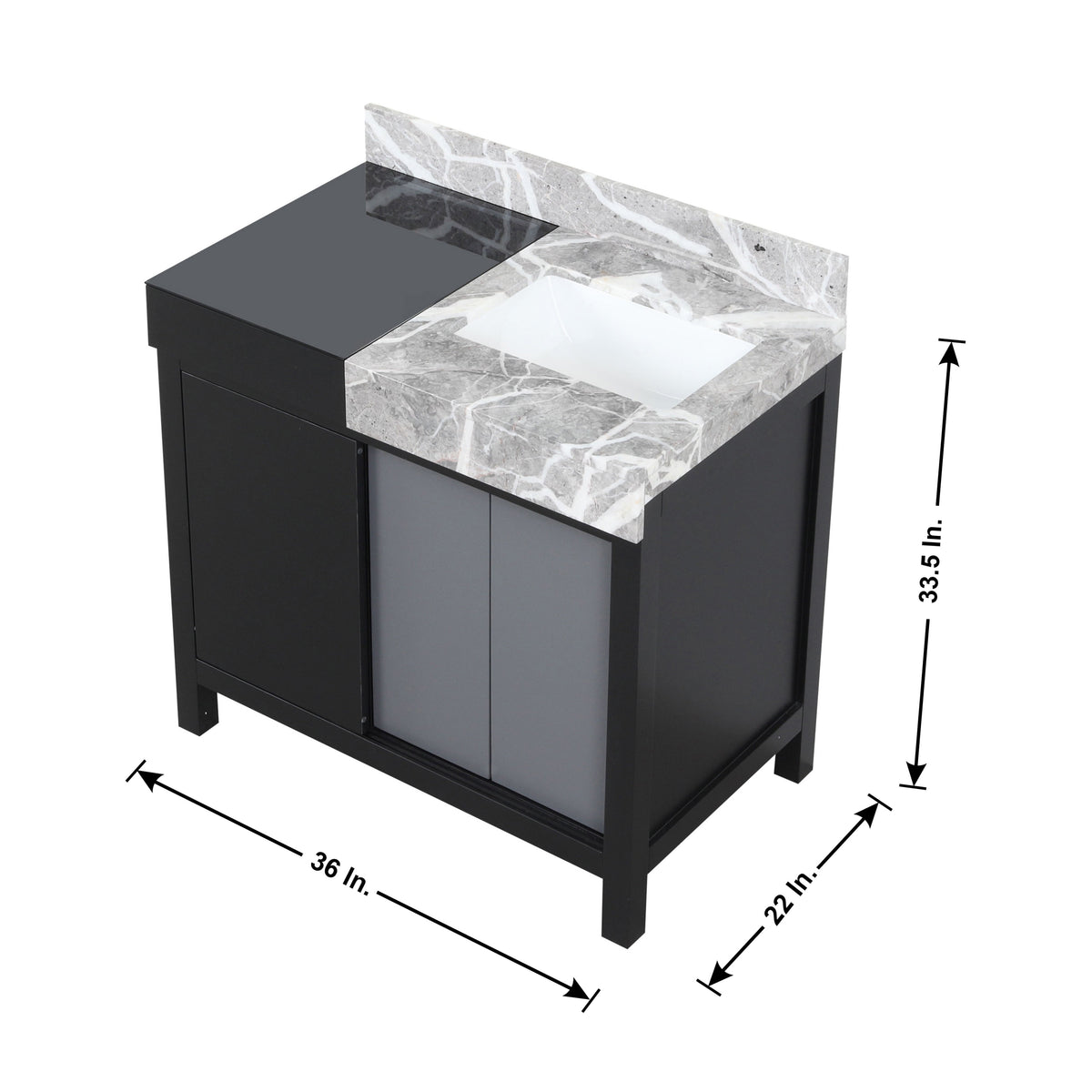 Lexora Zilara 36" Black and Grey Vanity, Castle Grey Marble Top, White Square Sink, and Balzani Gun Metal Faucet Set - LZ342236SLISFBG - MyBBQDirect