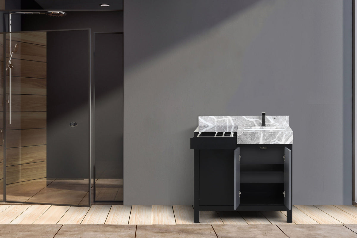 Lexora Zilara 36" Black and Grey Vanity, Castle Grey Marble Top, White Square Sink, and Balzani Gun Metal Faucet Set - LZ342236SLISFBG - MyBBQDirect
