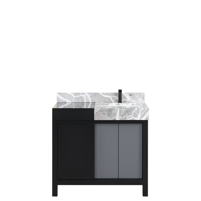 Lexora Zilara 36" Black and Grey Vanity, Castle Grey Marble Top, White Square Sink, and Balzani Gun Metal Faucet Set - LZ342236SLISFBG