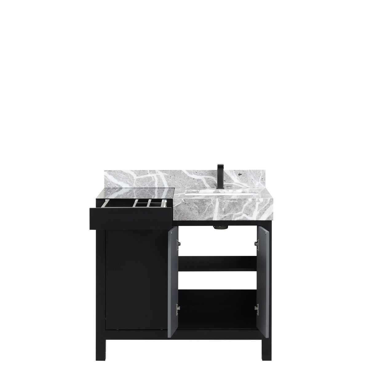 Lexora Zilara 36" Black and Grey Vanity, Castle Grey Marble Top, White Square Sink, and Balzani Gun Metal Faucet Set - LZ342236SLISFBG - MyBBQDirect