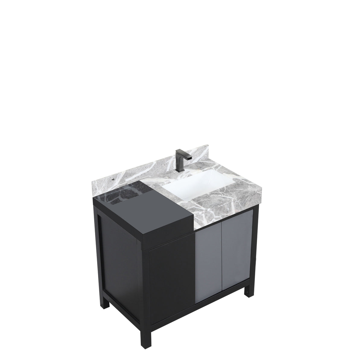 Lexora Zilara 36" Black and Grey Vanity, Castle Grey Marble Top, White Square Sink, and Balzani Gun Metal Faucet Set - LZ342236SLISFBG - MyBBQDirect