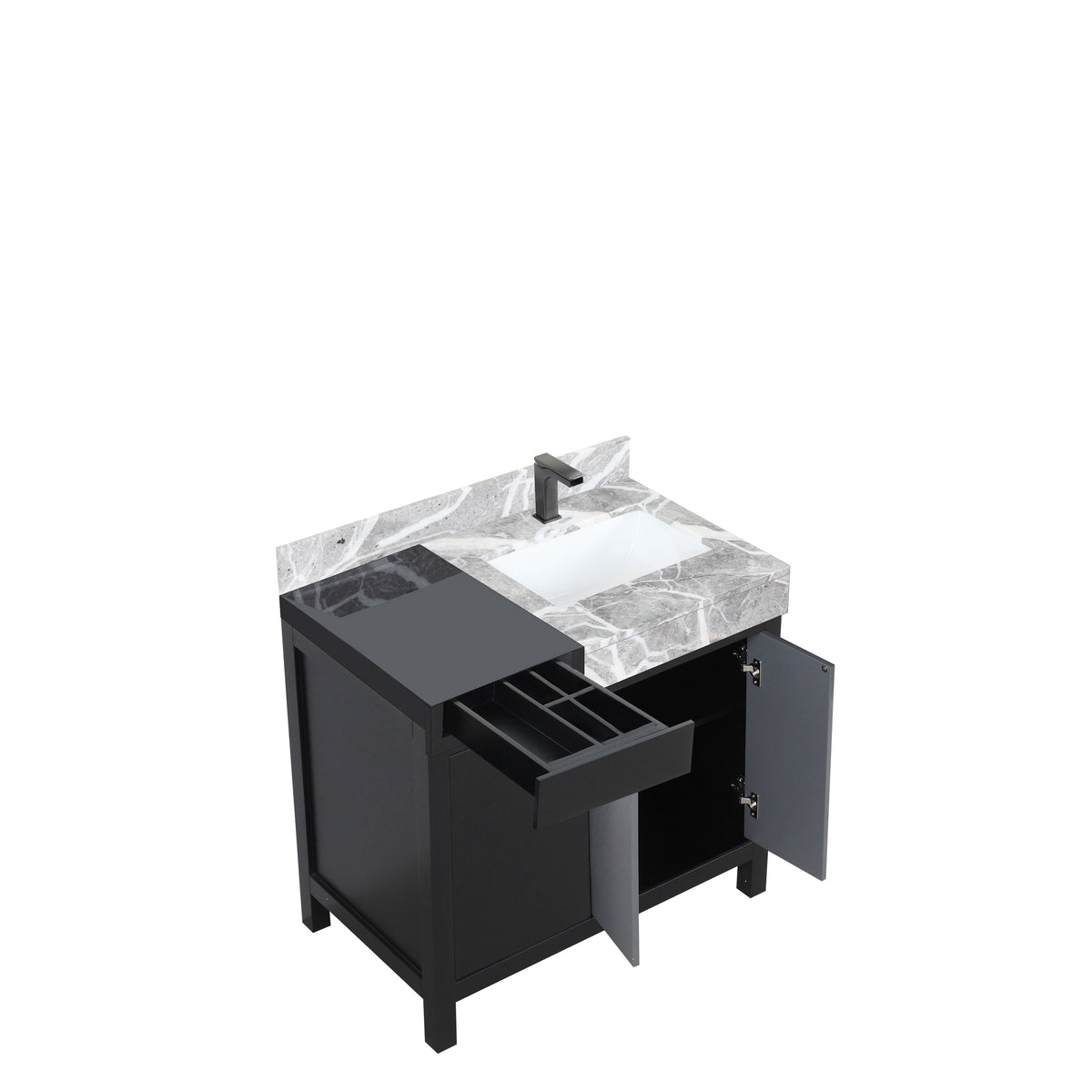 Lexora Zilara 36" Black and Grey Vanity, Castle Grey Marble Top, White Square Sink, and Balzani Gun Metal Faucet Set - LZ342236SLISFBG - MyBBQDirect