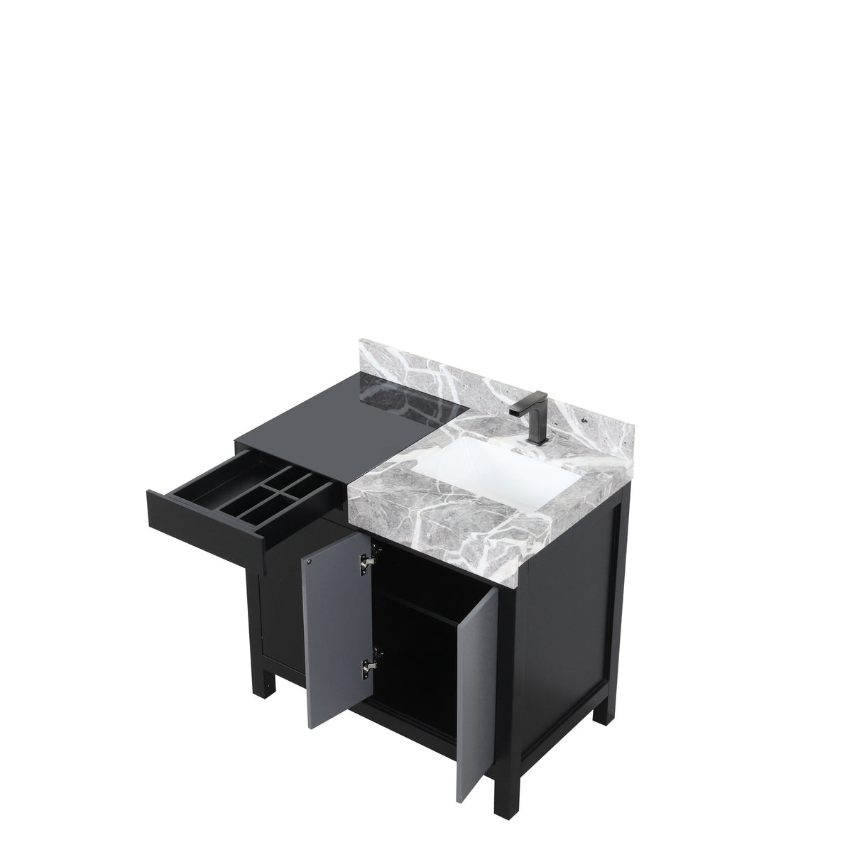 Lexora Zilara 36" Black and Grey Vanity, Castle Grey Marble Top, White Square Sink, and Balzani Gun Metal Faucet Set - LZ342236SLISFBG - MyBBQDirect