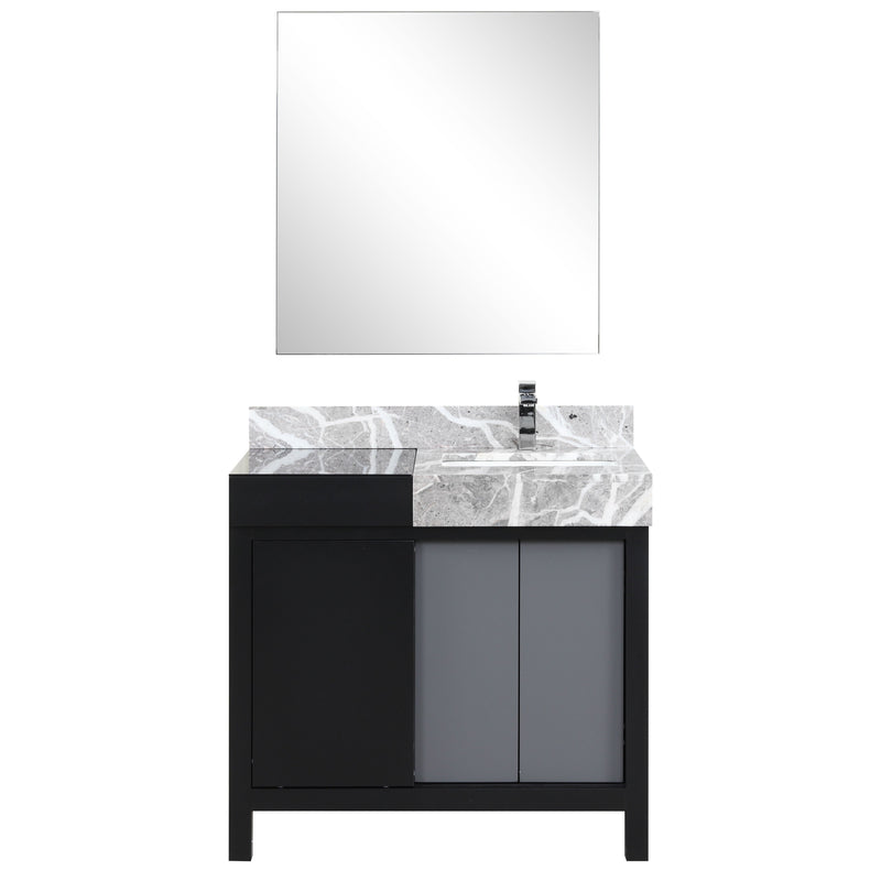 Lexora Zilara 36" Black and Grey Vanity, Castle Grey Marble Top, White Square Sink, Balzani Gun Metal Faucet Set, and 30" Frameless Mirror - LZ342236SLISM30FBG