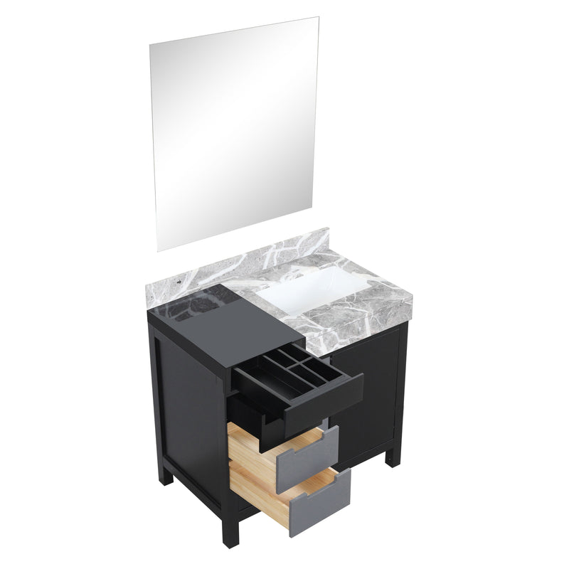 Lexora Zilara 36" Black and Grey Vanity, Castle Grey Marble Top, White Square Sink, and 30" Frameless Mirror - LZ342236SLISM30