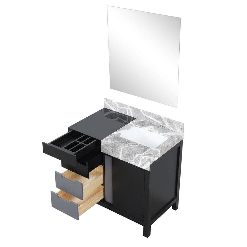 Lexora Zilara 36" Black and Grey Vanity, Castle Grey Marble Top, White Square Sink, and 30" Frameless Mirror - LZ342236SLISM30