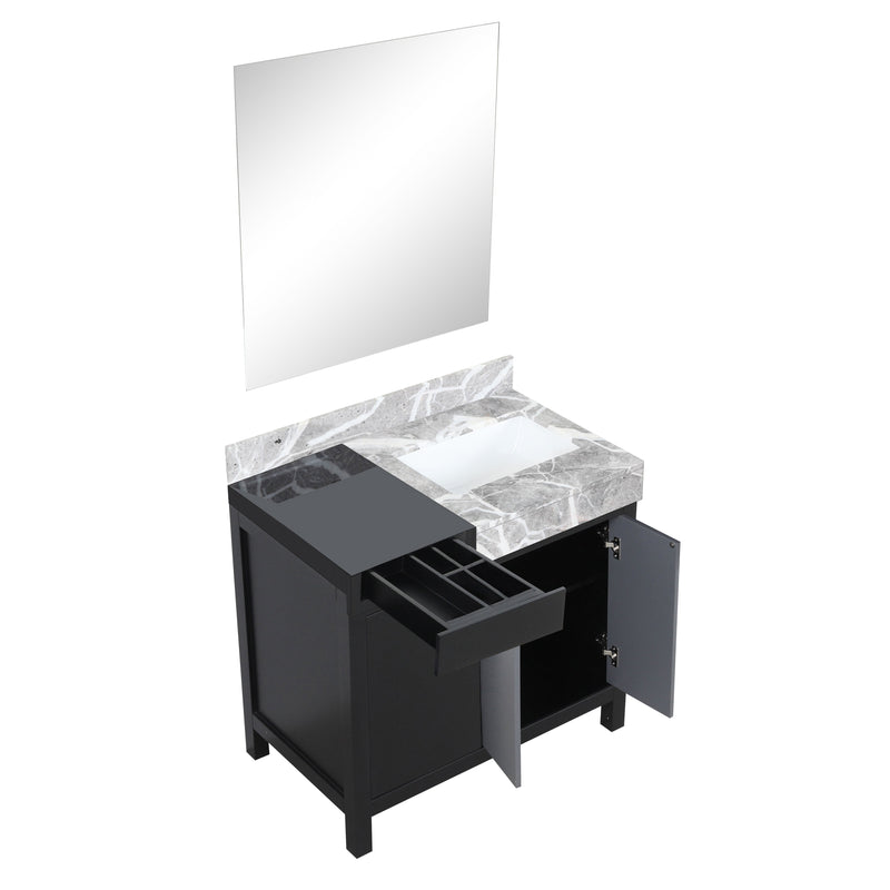 Lexora Zilara 36" Black and Grey Vanity, Castle Grey Marble Top, White Square Sink, and 30" Frameless Mirror - LZ342236SLISM30