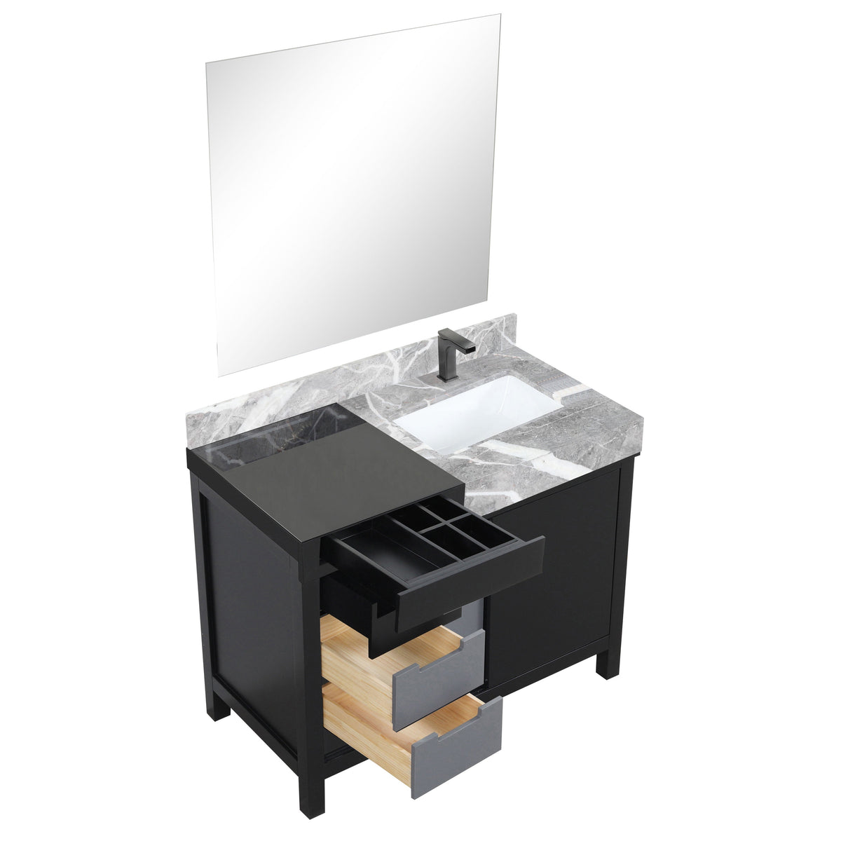 Lexora Zilara 42" Black and Grey Vanity, Castle Grey Marble Top, White Square Sink, Balzani Gun Metal Faucet Set, and 34" Frameless Mirror - LZ342242SLISM34FBG - MyBBQDirect