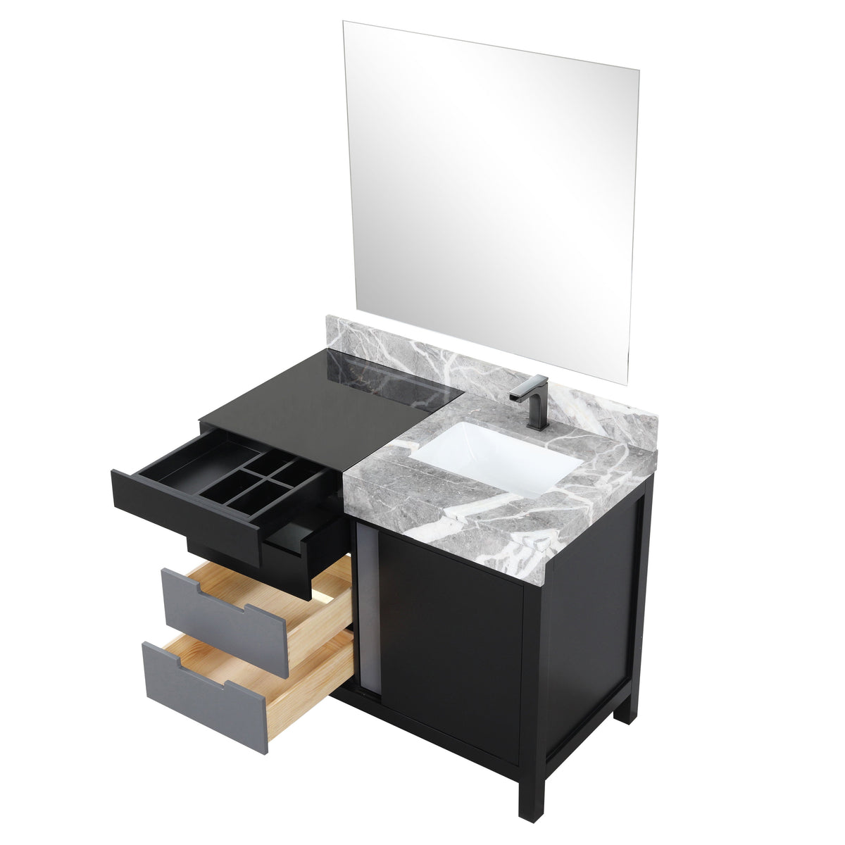 Lexora Zilara 42" Black and Grey Vanity, Castle Grey Marble Top, White Square Sink, Balzani Gun Metal Faucet Set, and 34" Frameless Mirror - LZ342242SLISM34FBG - MyBBQDirect